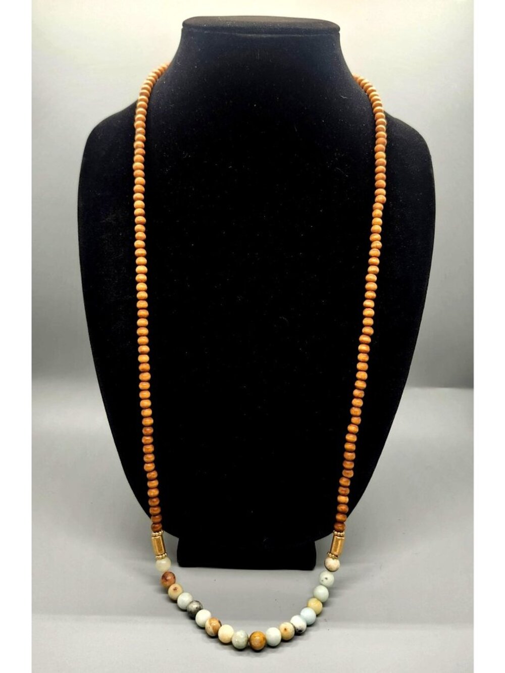 Beaded Necklace With Wooden & Stone Accents Adjustable Gold-Tone Clasp Lightweig